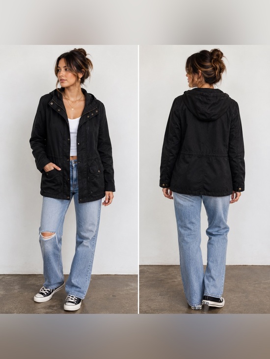 Old Navy Jackets & Blazers - Old Navy Black Hooded Utility Field Jacket Women’s Medium Cotton Military